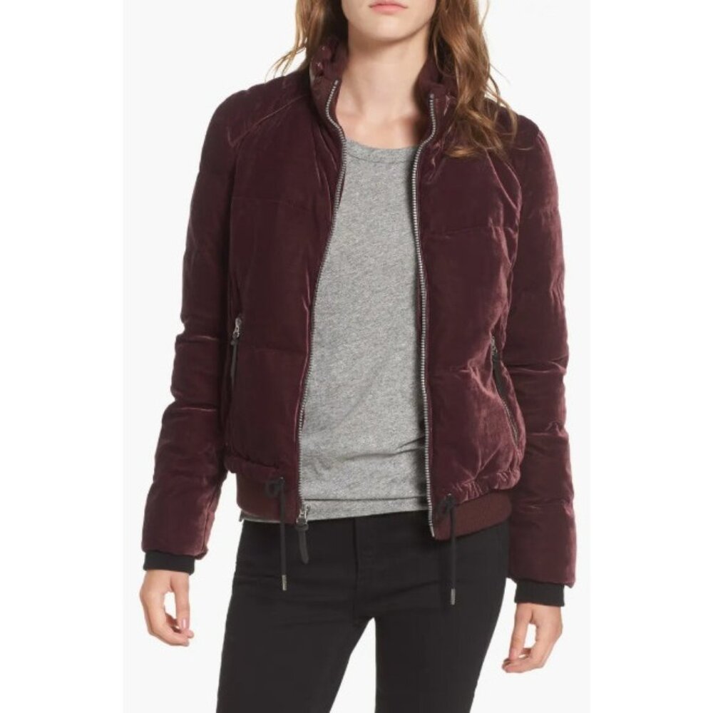 Marc New York Vita Bomber jacket Down & Feather Fill Velvet Burgundy SZ L NEW
